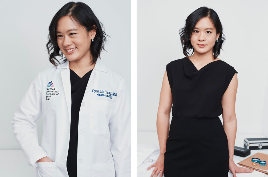 Dr. Cynthia Tung wears a black skirt and top with her white lab coat. 