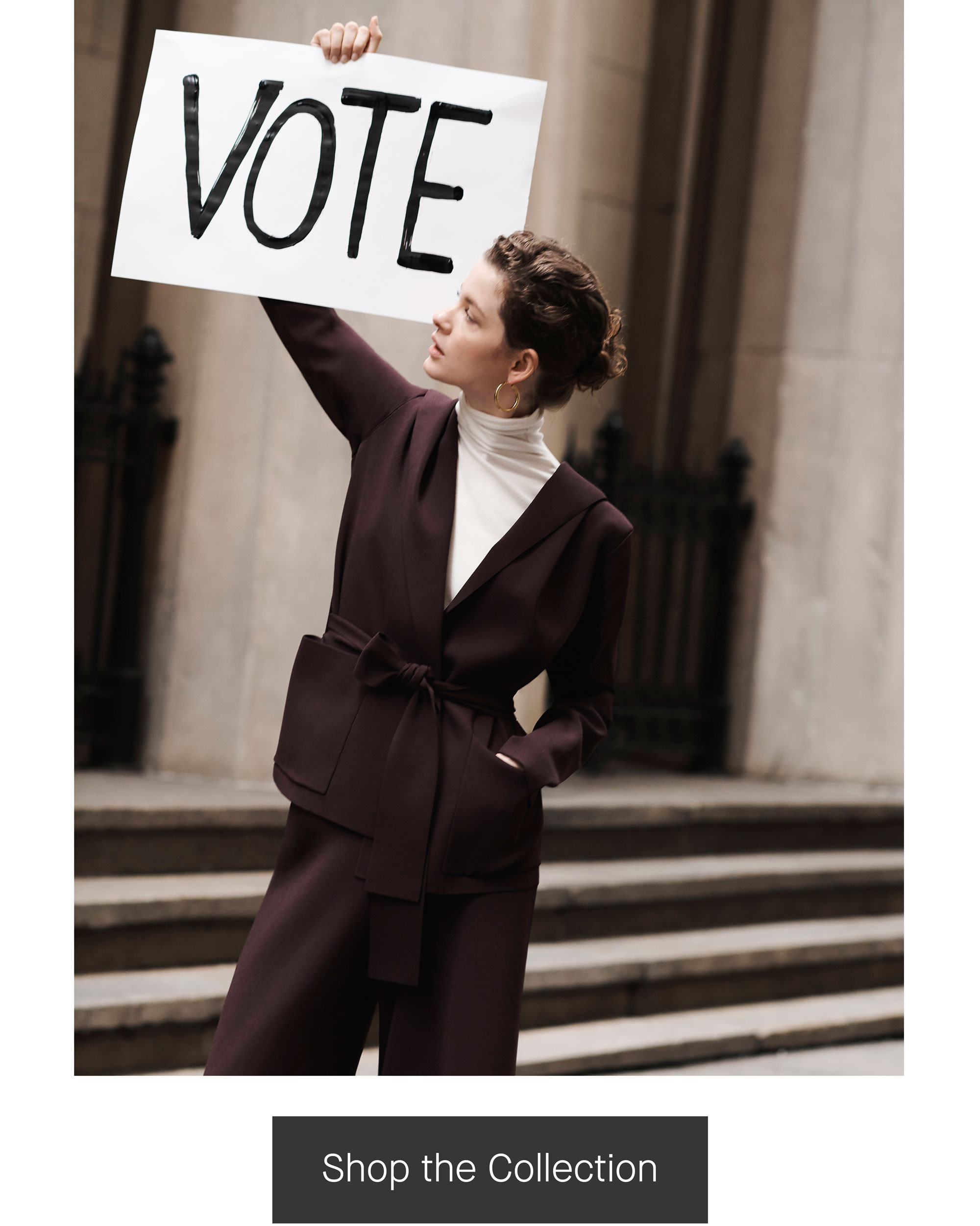 Woman wearing the Colette jardigan and a button that says "Shop the Collection."